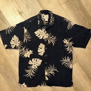 Luau Mens Large 100% Silk Full Print Short Sleeve Button Up Hawaiian Shirt Black